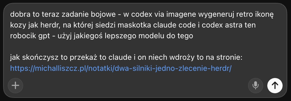 Zlecenie wpisane do orchestratora Grok: Codex generuje retro ikonę kozy z maskotkami Claude Code i Codex, Claude wdraża ją na stronie notatki