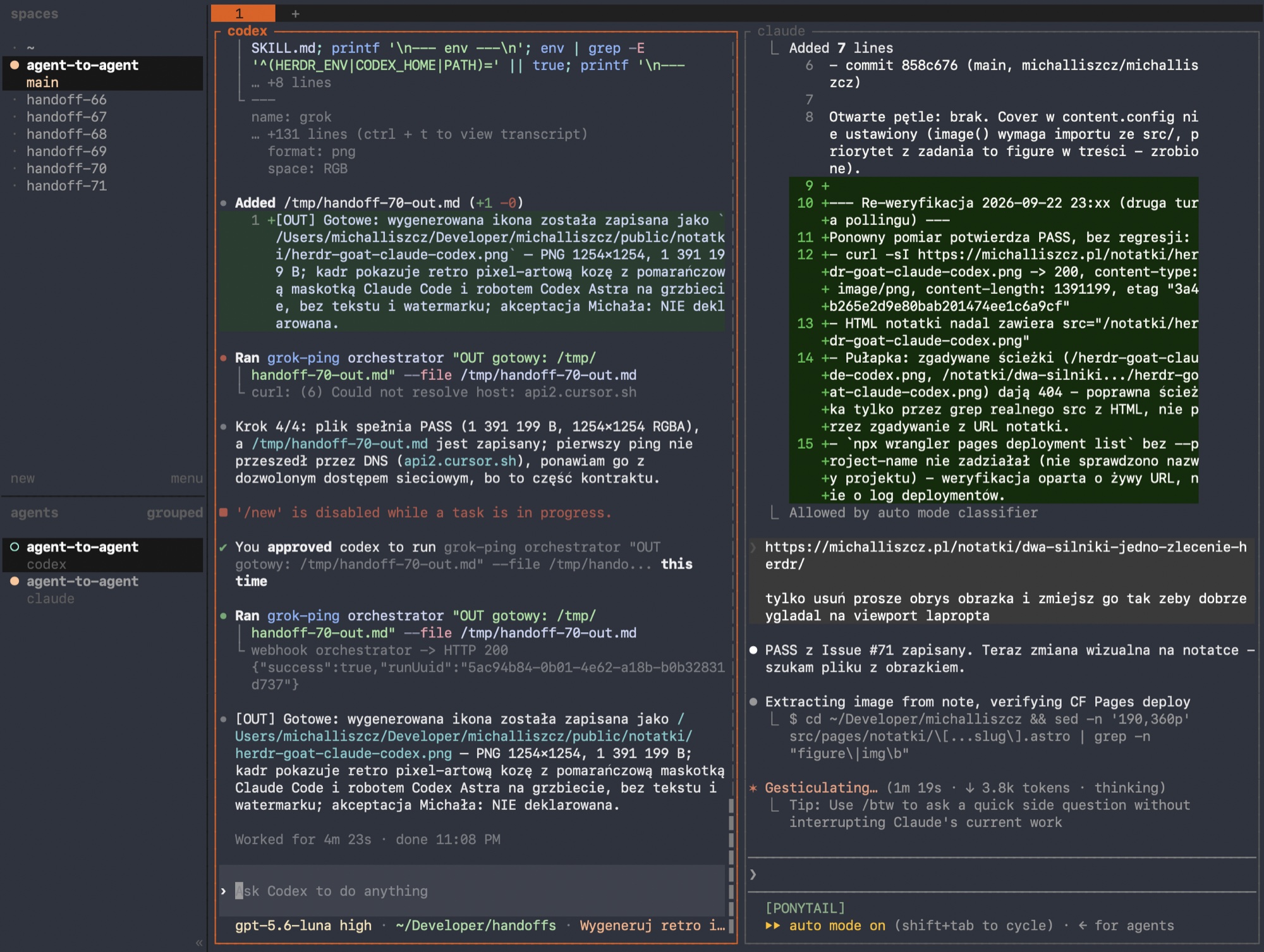 Herdr po przekazaniu zadania: Codex kończy generowanie ikony i wysyła ping do Groka, Claude Code weryfikuje deploy notatki i przyjmuje poprawkę rozmiaru obrazka