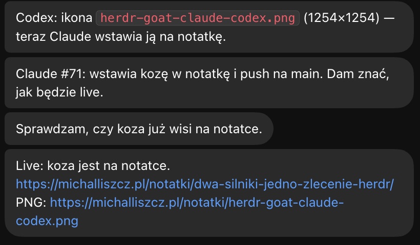 Statusy w czacie Groka: Codex oddał ikonę, Claude wstawia ją do notatki, potwierdzenie live z linkiem do strony i pliku PNG